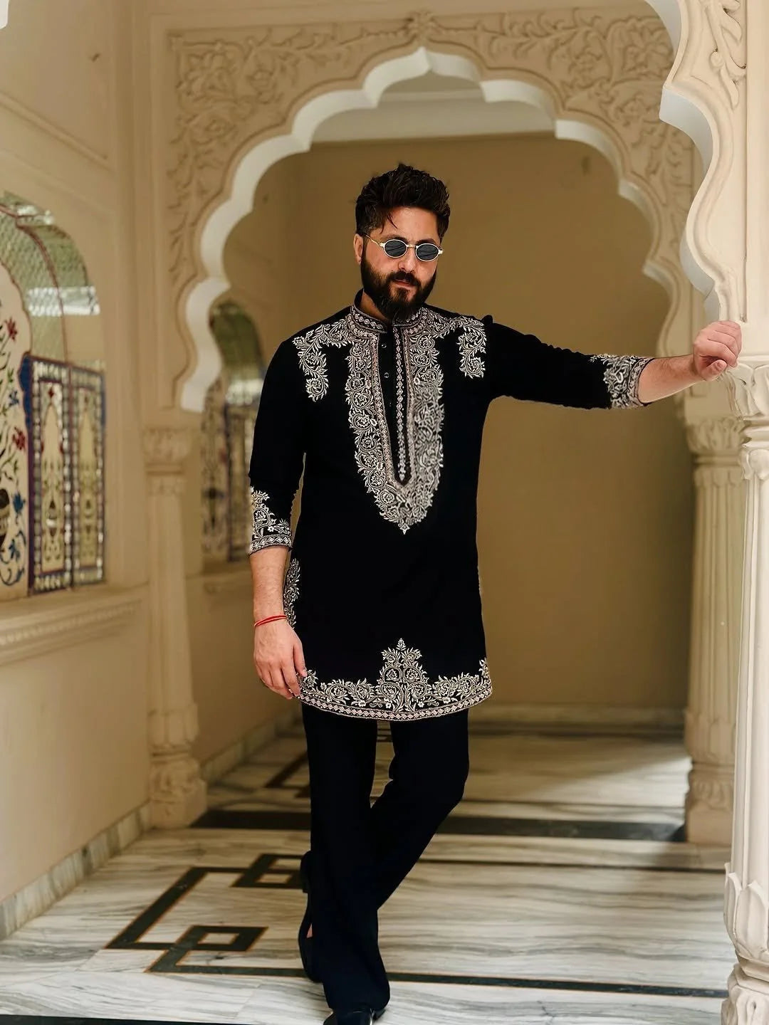 Black Antique Viscose Kurta Full Set With Embroidery