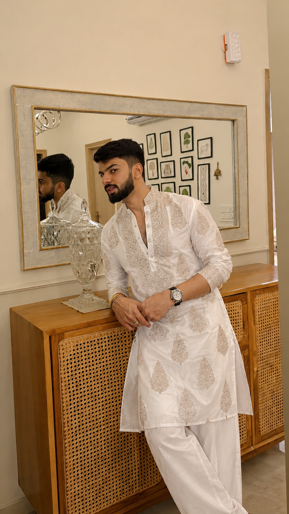 White Silk Blend Kurta Pant set With Embroidery work