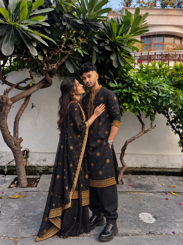 Black Embroidered kurta Pant and Dupatta