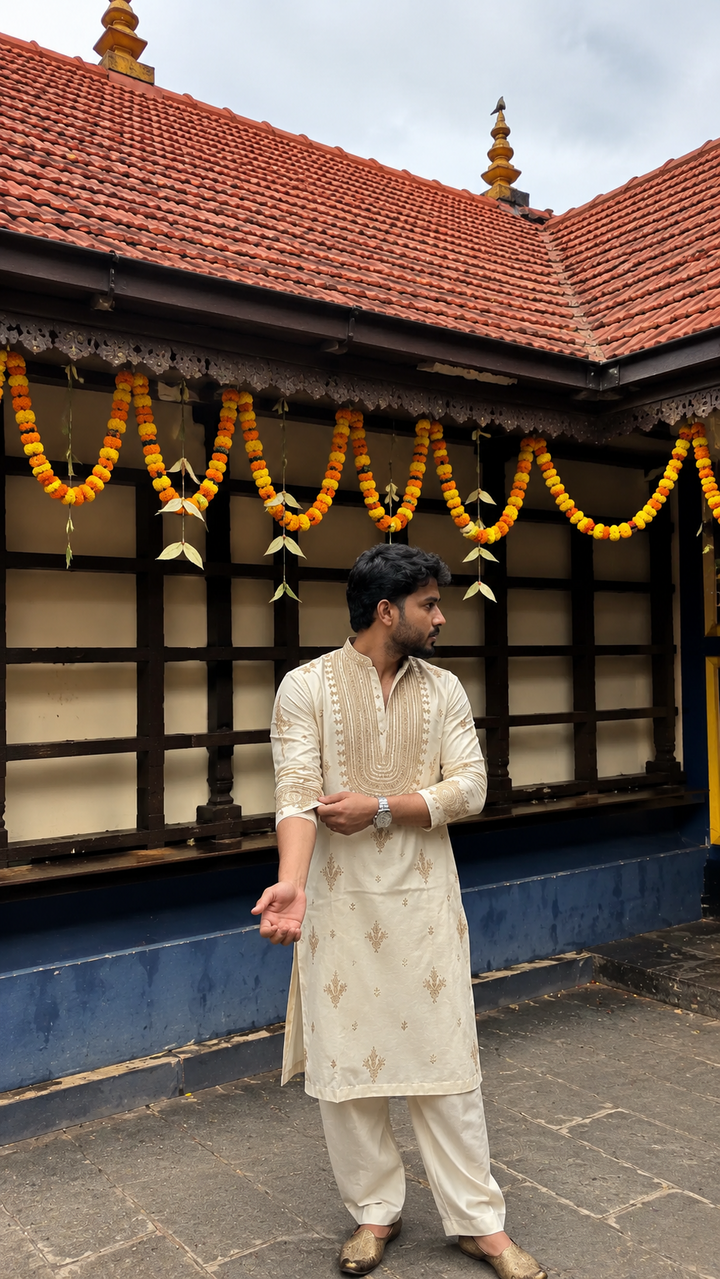 Cream Kurta Pant Set With Embroidery