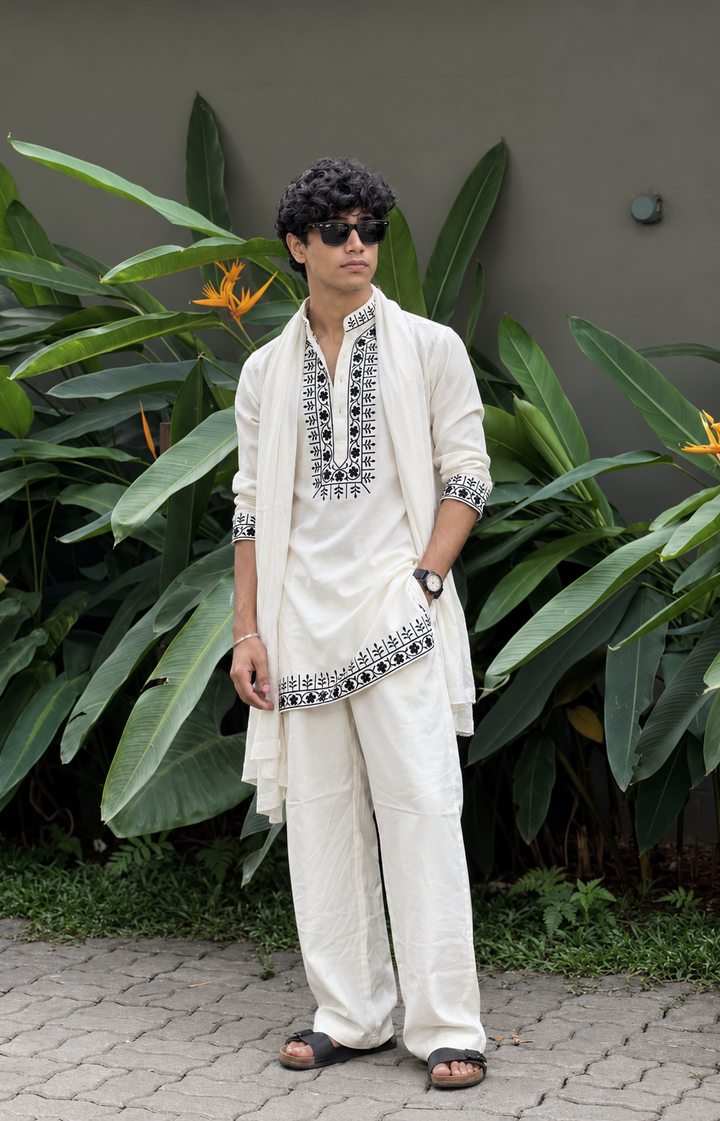 Off White Black Hand Embroidery Work designer kurta