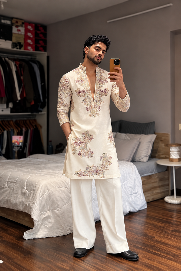 IVORY EMBROIDERY KURTA PANT SET