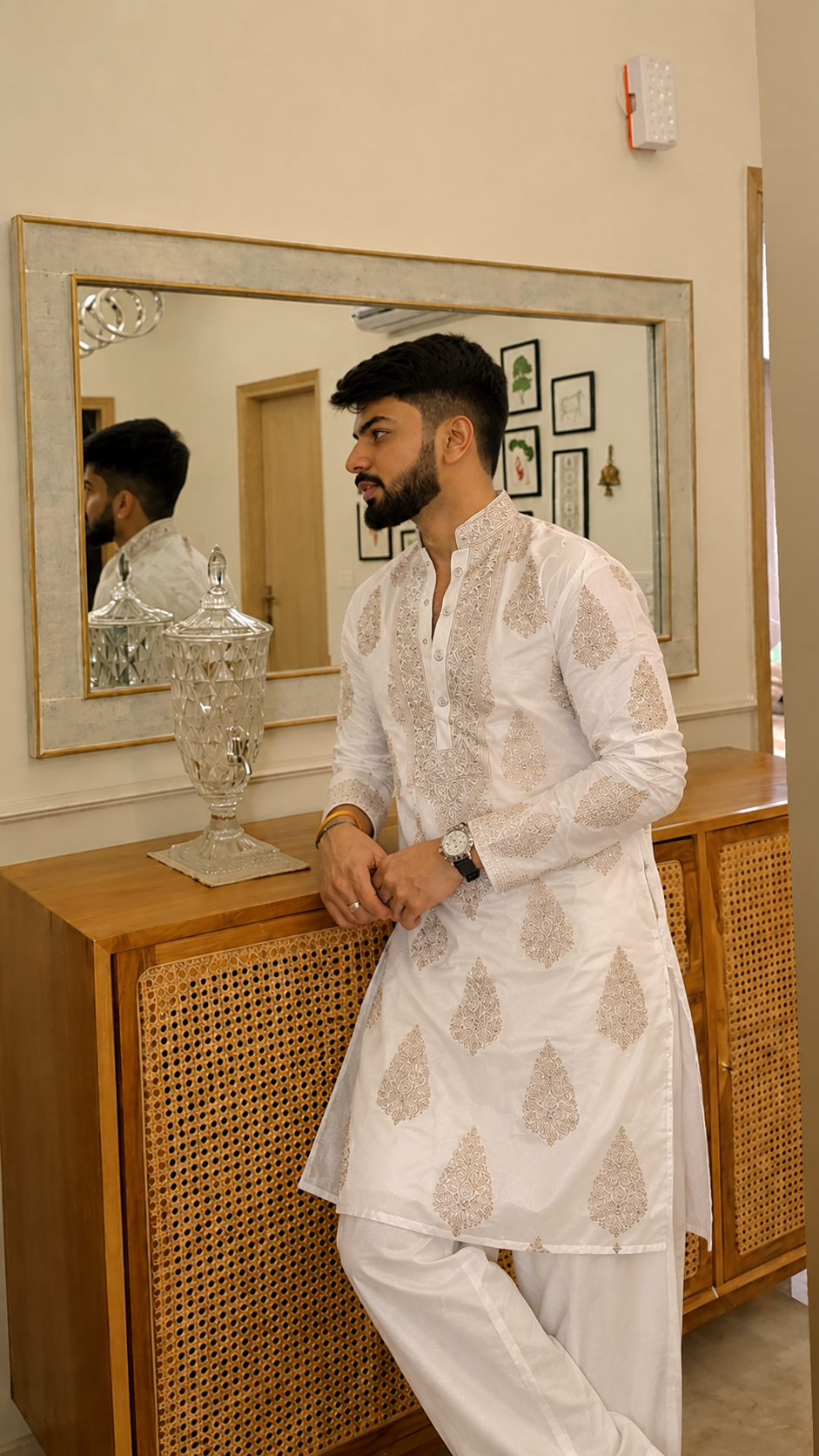 White Silk Blend Kurta Pant set With Embroidery work