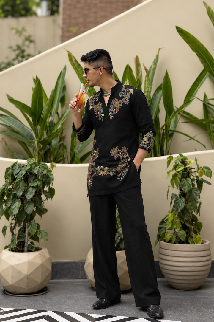 Blossom Black Adition Kurta Set With Embroidery