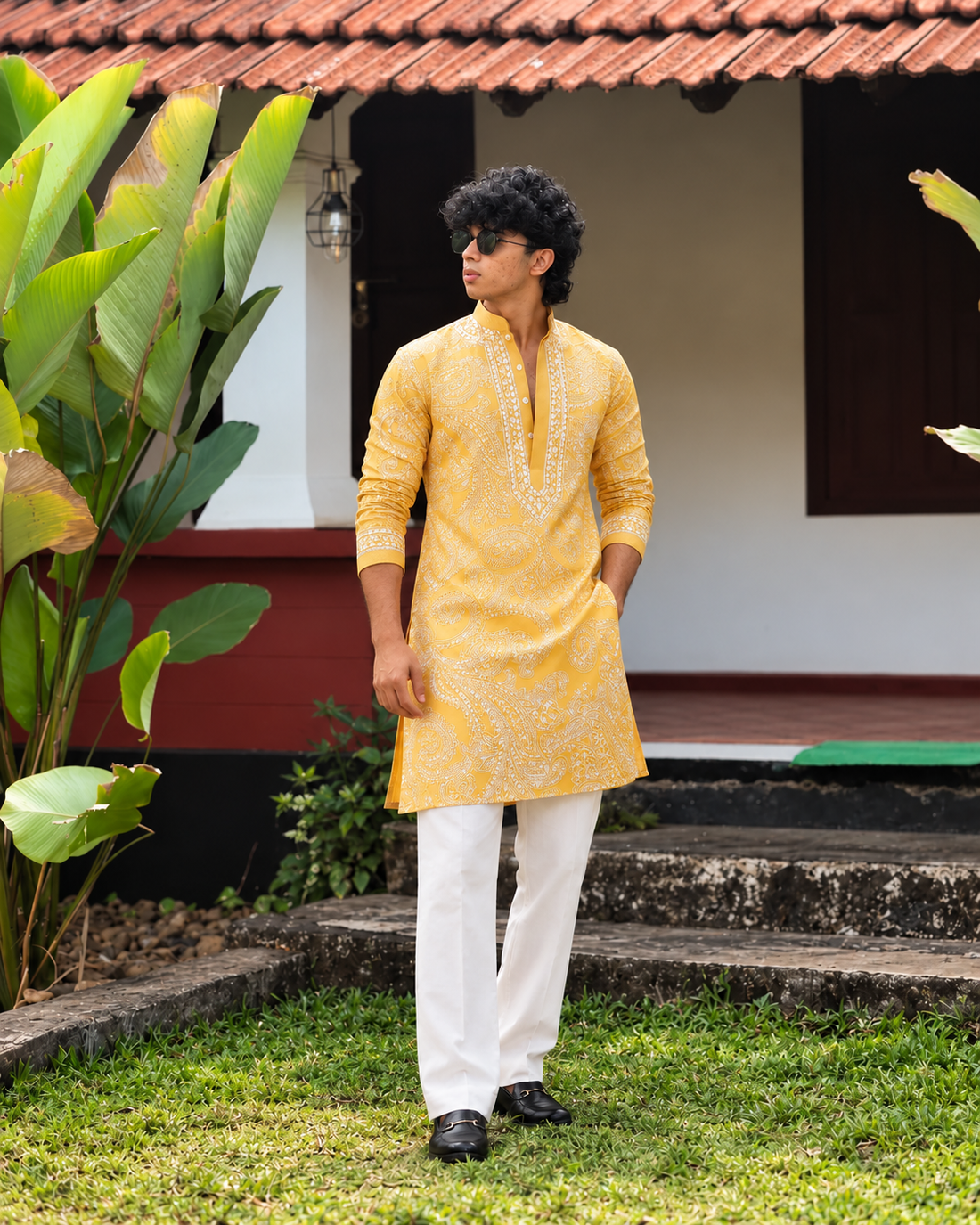 Yellow Mustard Parrot Chanderi Full Heavy Embroidery Kurta Pant Set
