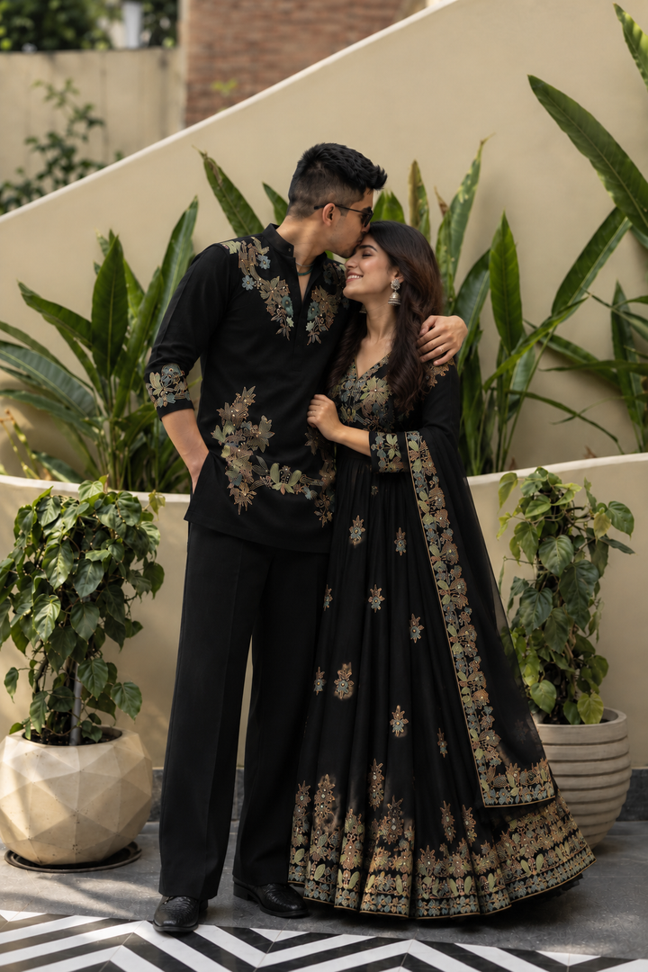 Blossom Black Adition Kurta Set With Embroidery