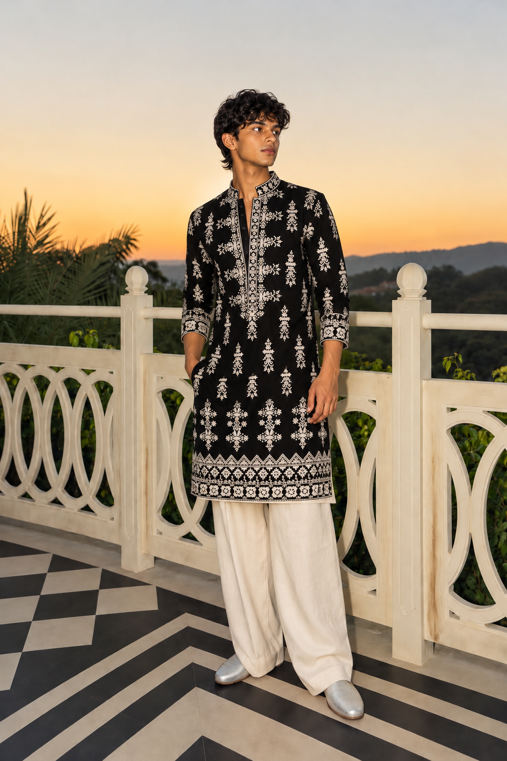 Black Velvet Ivory Kurta & Pant Embroidery