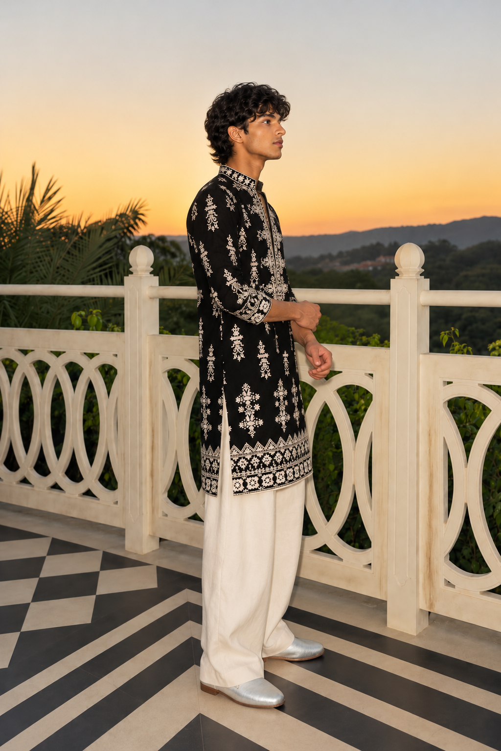Black Velvet Ivory Kurta & Pant Embroidery