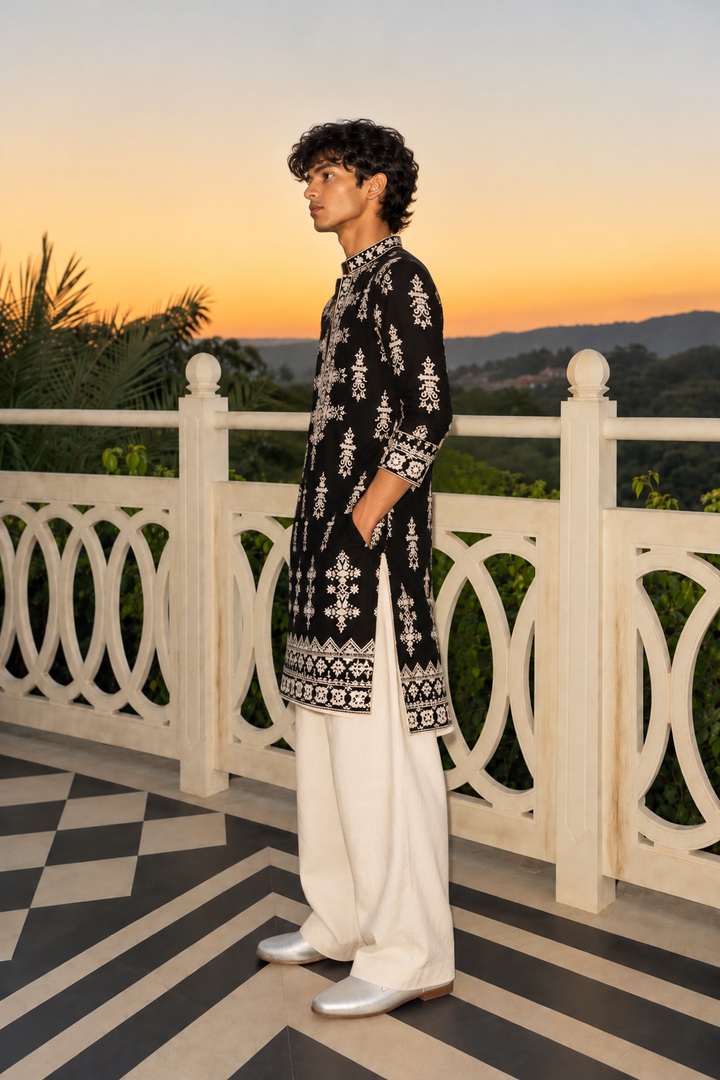 Black Velvet Ivory Kurta & Pant Embroidery