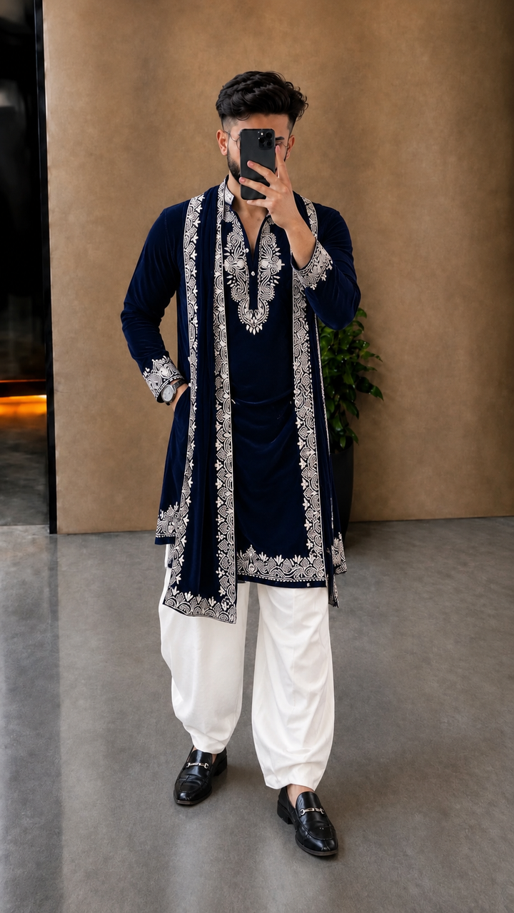 Black Regal Silk Embroidery Kurta Pajama With Dupatta Set