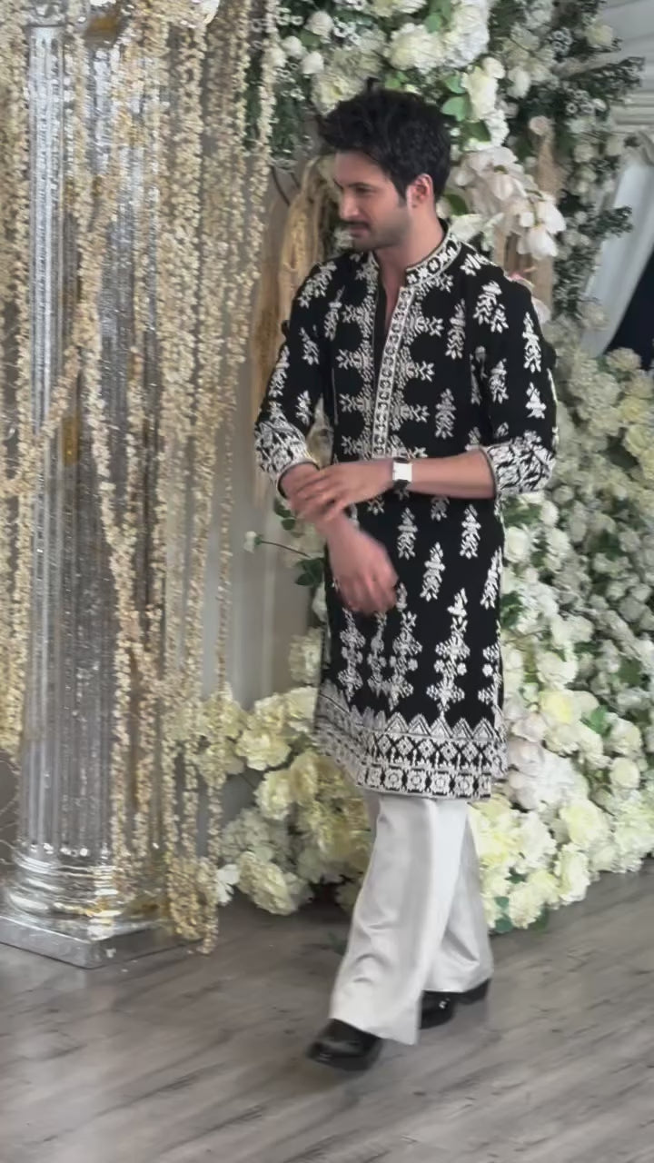 Black Velvet Ivory Kurta & Pant Embroidery