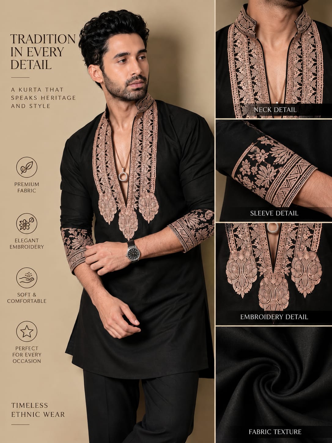Z Black & Gold Celebrities Tilla Placket Kurta Pant Set